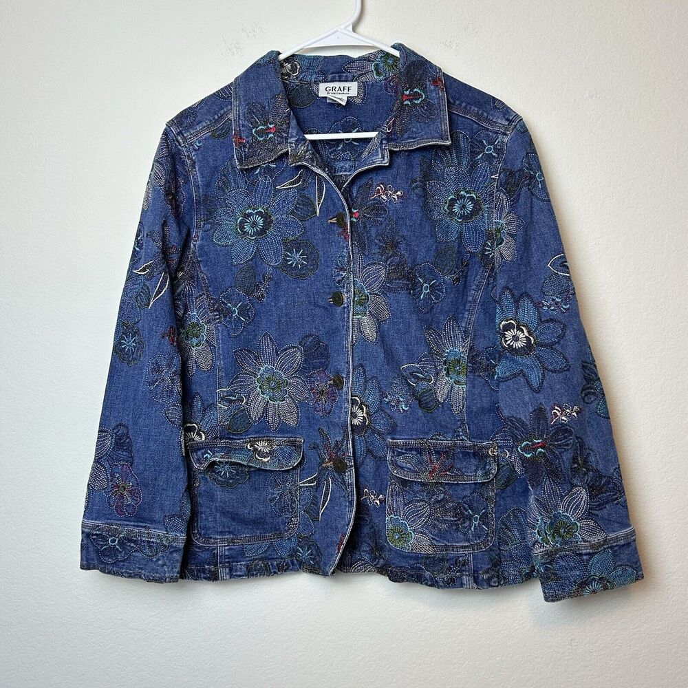 Vintage GRAFF By UM Company Womens Jacket PM Embroidered Floral Denim Boho Artsy
